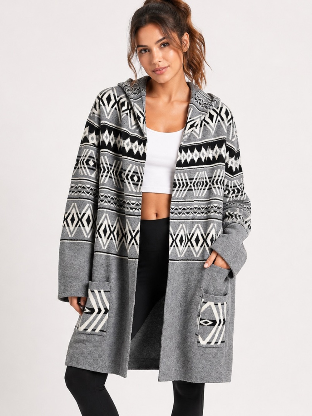 Rachel Zoe Grey Tribal Geometric Hooded Cardigan